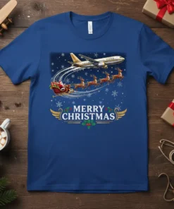 Merry Christmas t-shirt design with Santa's sleigh, reindeer, and an airplane in a snowy sky