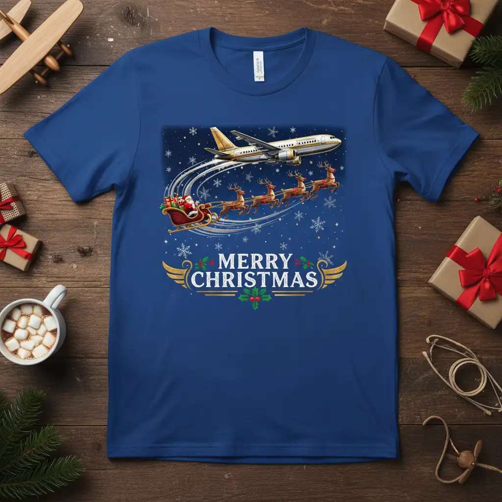 Merry Christmas t-shirt design with Santa sleigh, reindeer, and airplane in snowy sky