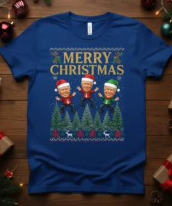 Merry Christmas T-Shirt featuring caricatures of politicians in Santa hats jumping amidst pine trees with an ugly sweater border