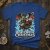 Merry Dragon Christmas Santa's New Sleigh t-shirt design with Santa riding a dragon in a sleigh