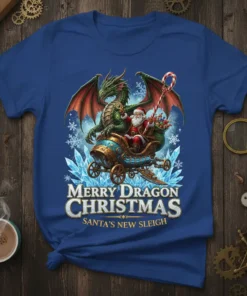 Merry Dragon Christmas Santa's New Sleigh t-shirt design with Santa riding a dragon in a sleigh
