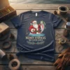 Merry Fishmas Big Catch Santa t-shirt design featuring Santa holding a large fish while fishing, with festive greenery