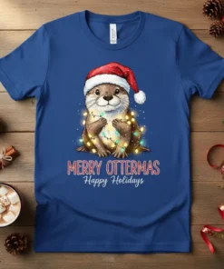 Merry Ottermas Happy Holidays text with cute otter wrapped in Christmas lights, festive holiday apparel design