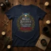 Merry Solstice You Thieving Christian Bastards text design with skull, antlers, and wreath on a navy t-shirt