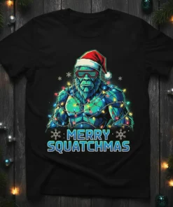 Merry Squatchmas Bigfoot wearing Santa hat and Christmas lights graphic t-shirt design