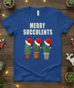 Merry Succulents Christmas t-shirt with three potted cacti wearing Santa hats
