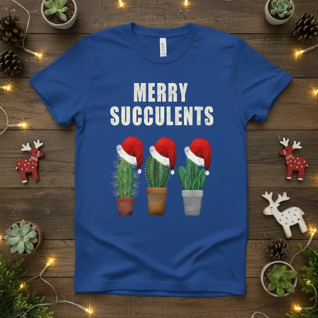 Merry Succulents text with three cute potted cacti wearing Santa hats on a blue t-shirt