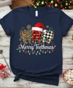 Merry Teethmas T-Shirt with three decorated teeth and Christmas lights, perfect for dental professionals