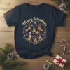 Merry Woofmas t-shirt design featuring multiple German Shepherds and Christmas lights, festive holiday theme