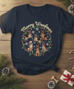 Merry Woofmas t-shirt design featuring multiple German Shepherds and Christmas lights, festive holiday theme