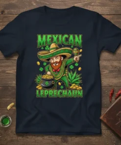 Mexican Leprechaun T-Shirt featuring a bearded man in a sombrero and green suit holding a maraca and a pot of