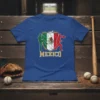 Mexico Baseball T-Shirt with Mexican flag shield, green and red baseball player silhouettes, and distressed "MEXICO" text