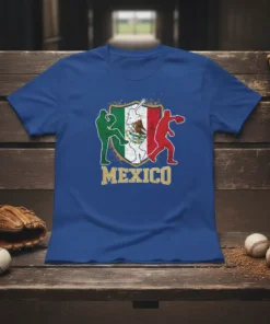 Mexico Baseball T-Shirt with Mexican flag shield, green and red baseball player silhouettes, and distressed "MEXICO" text