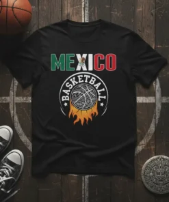 Mexico Basketball t-shirt design with Mexican flag colors and flaming basketball graphic