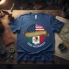T-shirt design featuring the American and Mexican flags merging, with text "MEXICO ESTADOS UNIDOS UNION AND HERITAGE"