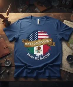 T-shirt design featuring the American and Mexican flags merging, with text "MEXICO ESTADOS UNIDOS UNION AND HERITAGE"