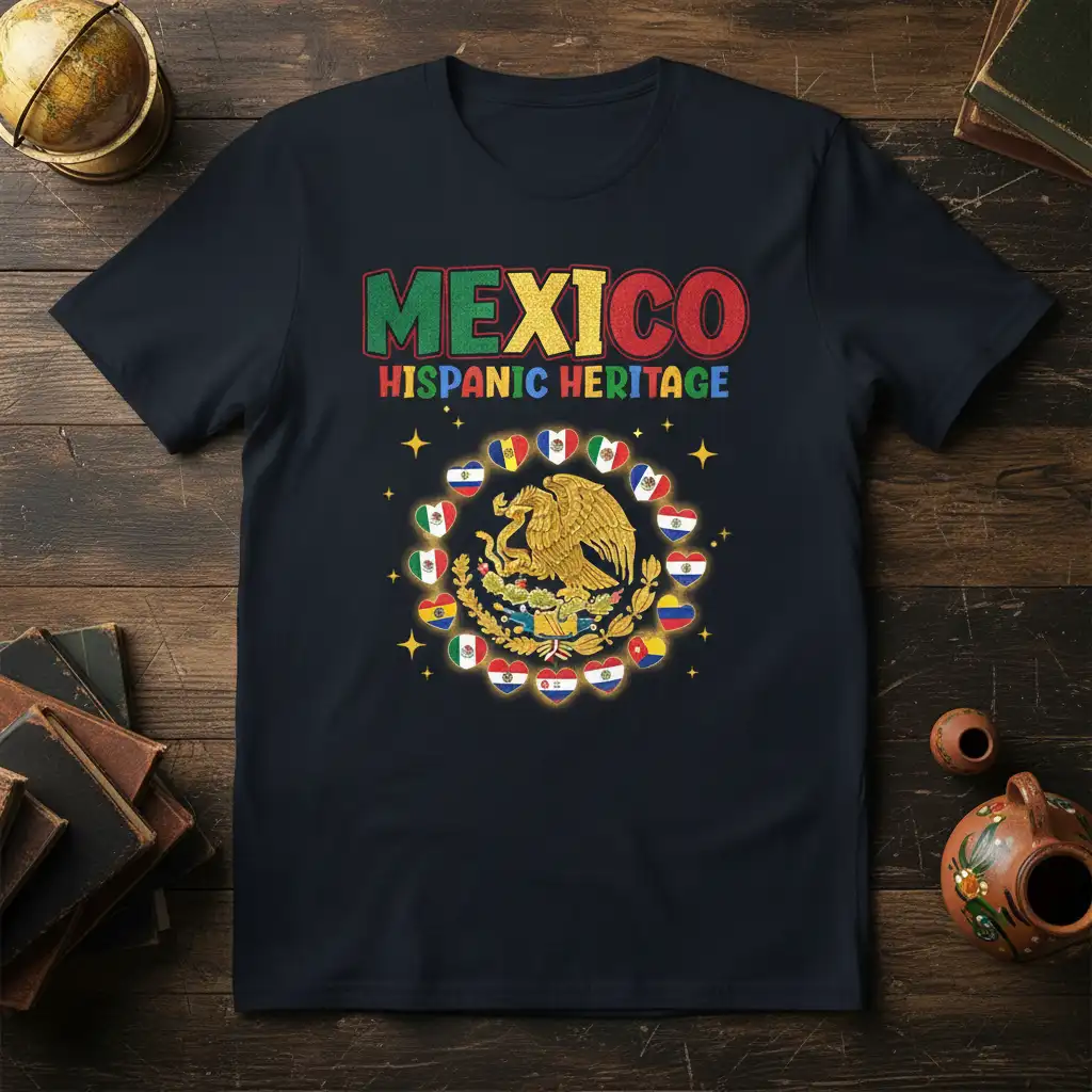 Mexico Hispanic Heritage t-shirt design featuring colorful text and the Mexican coat of arms surrounded by heart flags