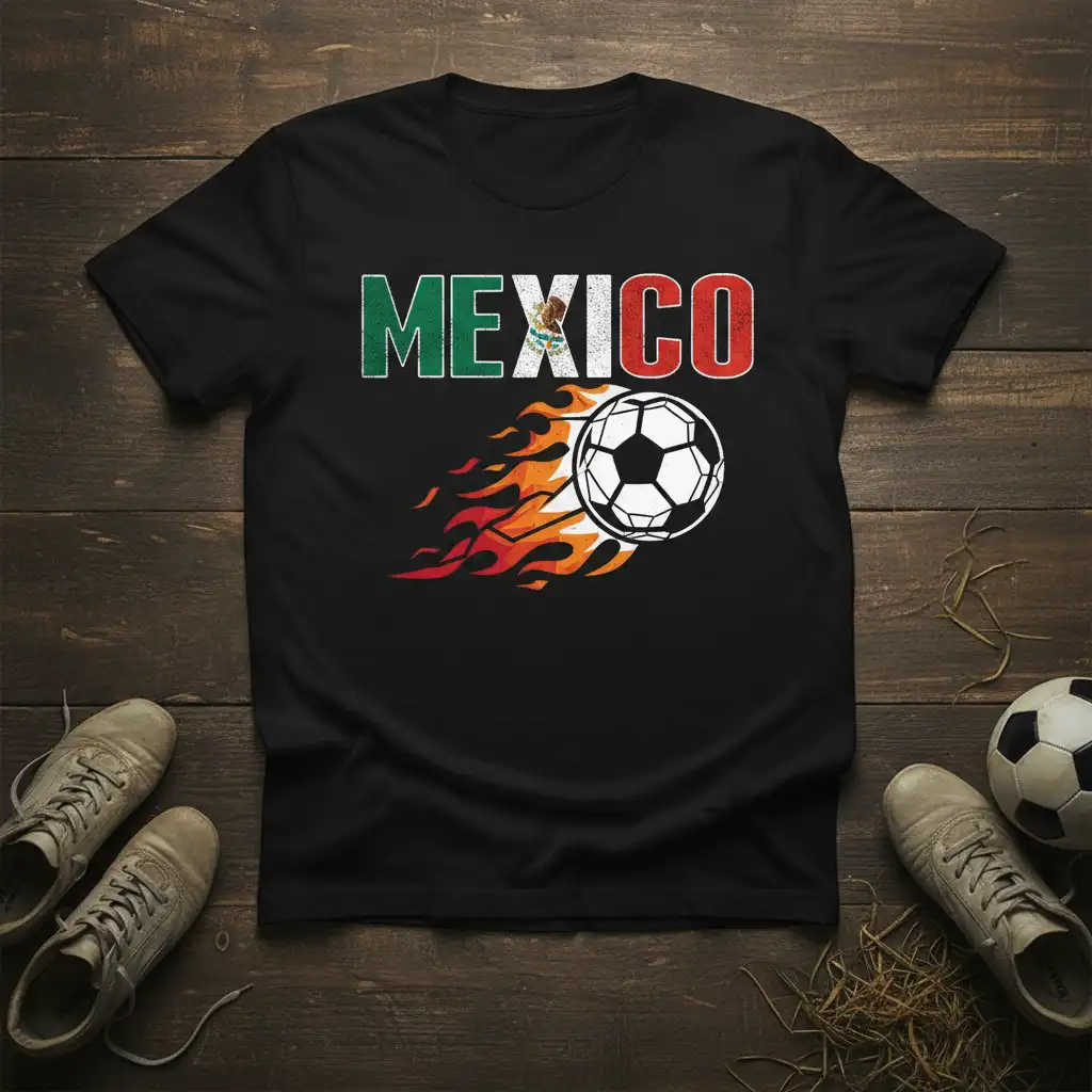 MEXICO SOCCER FLAME detailed print printed on breathable fabric creating a standout t-shirt