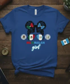 Meximalan girl text with sunglasses reflecting Guatemalan flag, styled hair, on a blue t-shirt