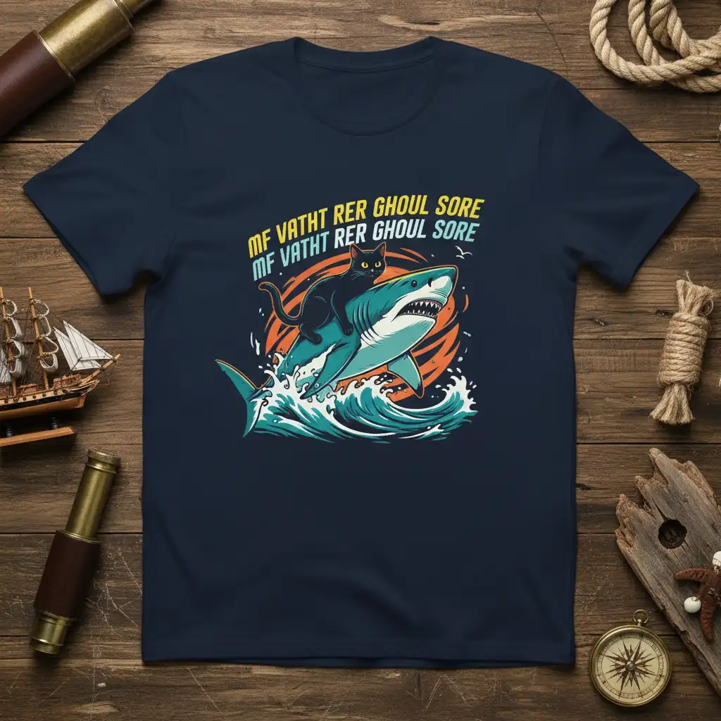 MF VATHT RER GHOUL SORE text design featuring a black cat riding a shark in the ocean waves