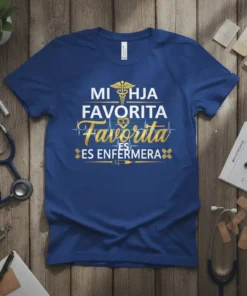 Mi Hija Favorita Favorita Es Enfermera text with caduceus and heart graphic on a blue t-shirt, nurse mom gift idea