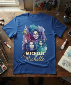 Michelle Michelle T-Shirt design with multiple watercolor portraits of Michelle Obama and the name "Michelle Michelle" in gold text
