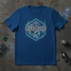 Micro Giant t-shirt design with futuristic hexagonal graphic featuring robotic arms and a globe