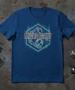 Micro Giant t-shirt design with futuristic hexagonal graphic featuring robotic arms and a globe