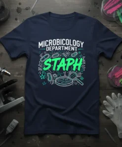 Microbiology Department STAPH t-shirt with green bacteria graphics and magnifying glass, featuring the text "MICROBIOLOGY DEPARTMENT STAPH"