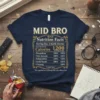Navy blue t-shirt with "MID BRO Nutrition Facts" design, listing percentages for peacemaking, witty remarks, independence, sneaky snacks, and listening