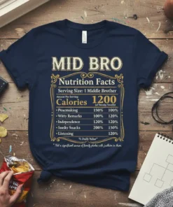 Navy blue t-shirt with "MID BRO Nutrition Facts" design, listing percentages for peacemaking, witty remarks, independence, sneaky snacks, and listening