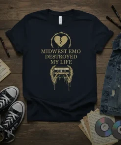 Midwest Emo Destroyed My Life t-shirt featuring a broken heart, barbed wire, and skeleton hands holding a cassette tape