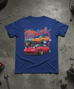 Miet graphic t-shirt featuring three stylized sports cars in red, orange, and grey, with Japanese text and flames