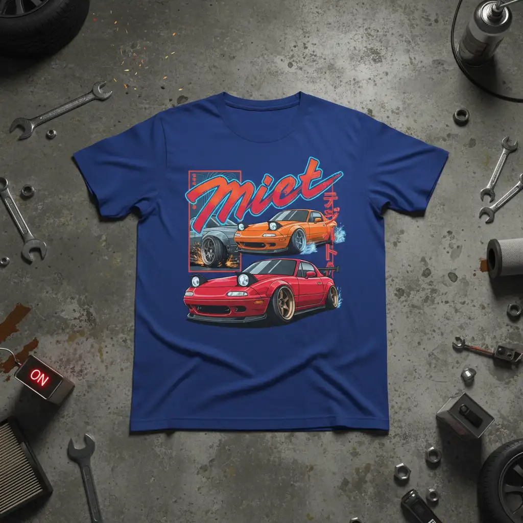 Miet sports car graphic tee with three stylized Japanese sports cars and flame accents