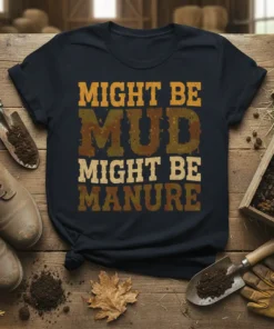 Might Be Mud Might Be Manure funny farm humor quote t-shirt design with distressed typography in brown and yellow tones