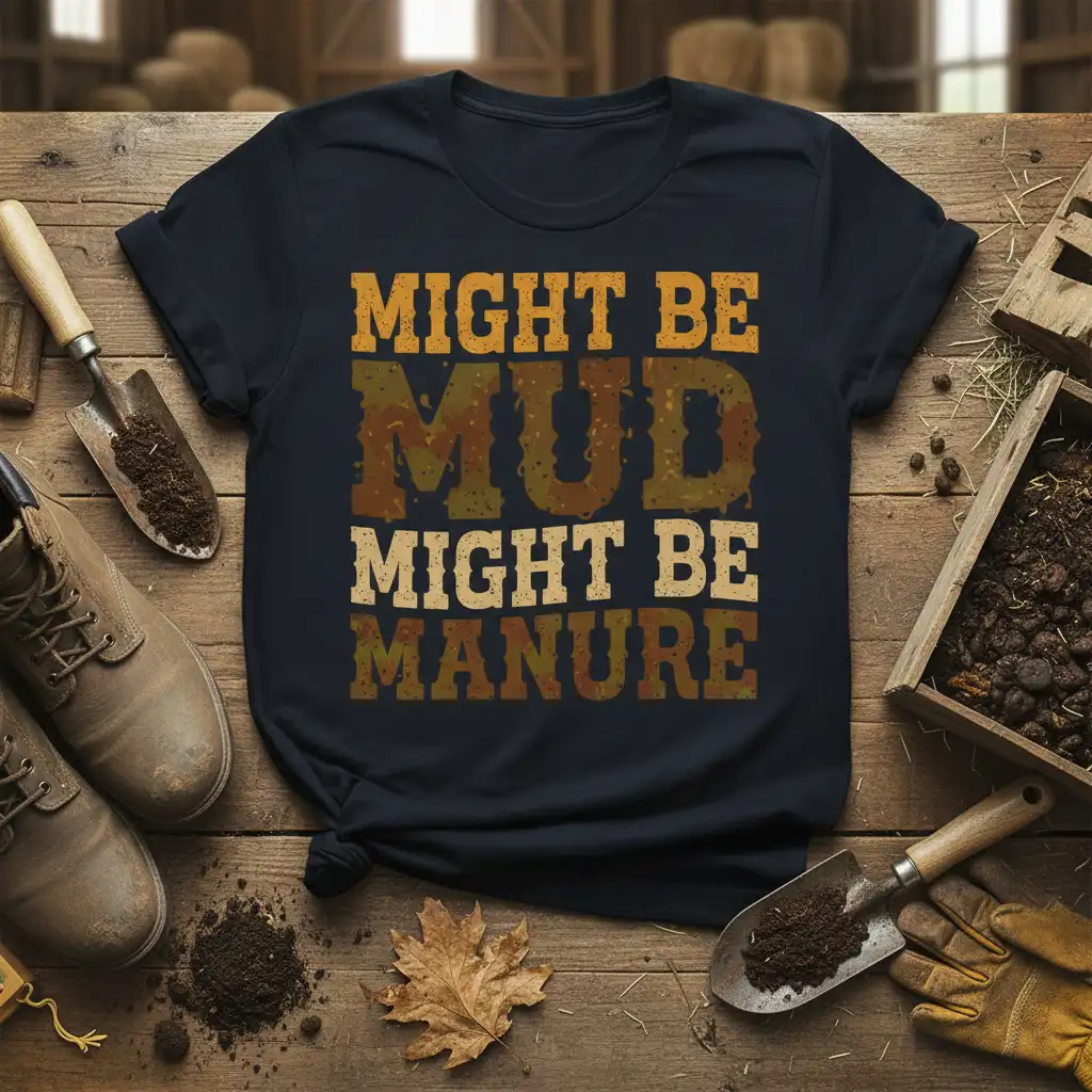 Might Be Mud Might Be Manure quote t-shirt featuring rustic, distressed typography in earthy tones for gardening and farm enthusiasts