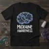 Migraine Awareness T-Shirt with blue floral brain graphic and bold white text