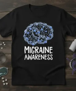 Migraine Awareness T-Shirt with blue floral brain graphic and bold white text