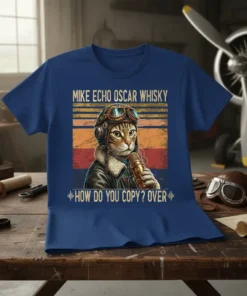 T-shirt design featuring a cat pilot wearing aviator gear and holding a microphone, with the text "MIKE ECHO OSCAR WHISKY
