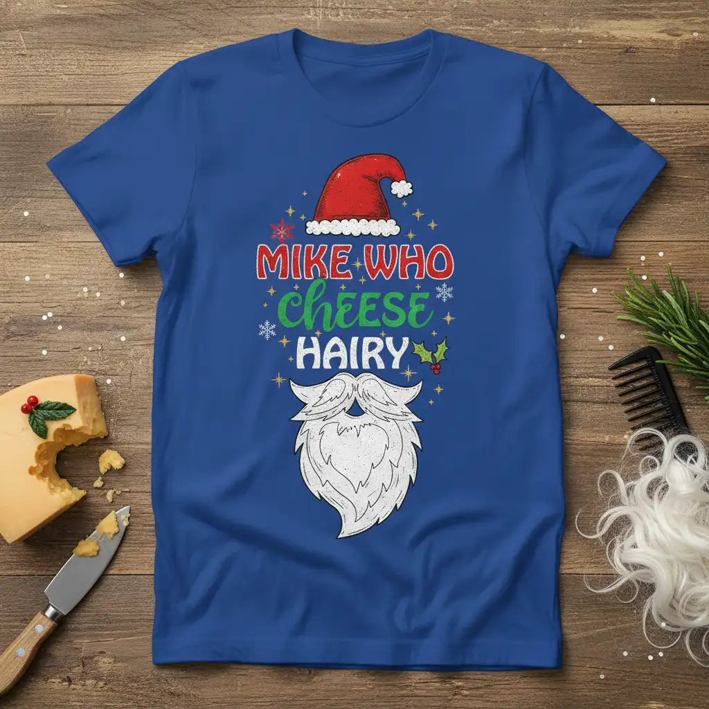 Mike Who Cheese Hairy humorous Christmas joke T-Shirt design with Santa hat and beard graphic