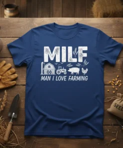 MILF MAN I LOVE FARMING t-shirt design with barn, tractor, pig, and chicken graphics