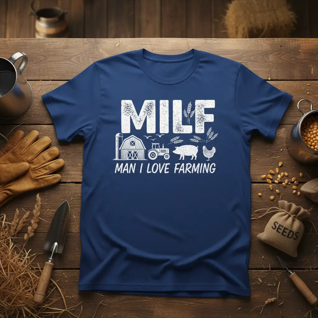 MILF MAN I LOVE FARMING graphic tee featuring barn, tractor, pig, and chicken farm icons
