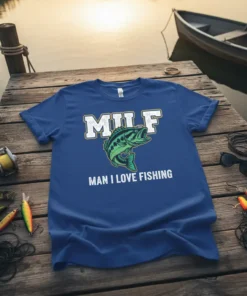 MILF MAN I LOVE FISHING t-shirt with a bass graphic and fishing quote, presented on a blue tee