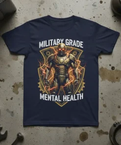 Military Grade Mental Health T-Shirt with armored warrior graphic and lightning effects