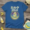 Retro Japanese style t-shirt design with "Milk Banana Milk" text and a milk carton rocket launching