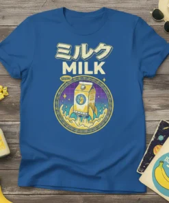 Retro Japanese style t-shirt design with "Milk Banana Milk" text and a milk carton rocket launching