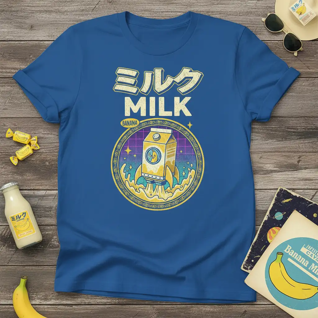 Retro Japanese Milk Banana Milk t-shirt design with a milk carton rocket in space