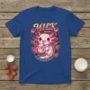 MILK MIUH design on a blue t-shirt featuring a cute pink axolotl holding a strawberry milk carton surrounded by strawberries