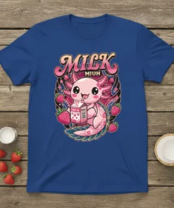 MILK MIUH design on a blue t-shirt featuring a cute pink axolotl holding a strawberry milk carton surrounded by strawberries