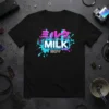 MILK SOY Japanese neon text design on a black t-shirt, featuring vaporwave city skyline graphics